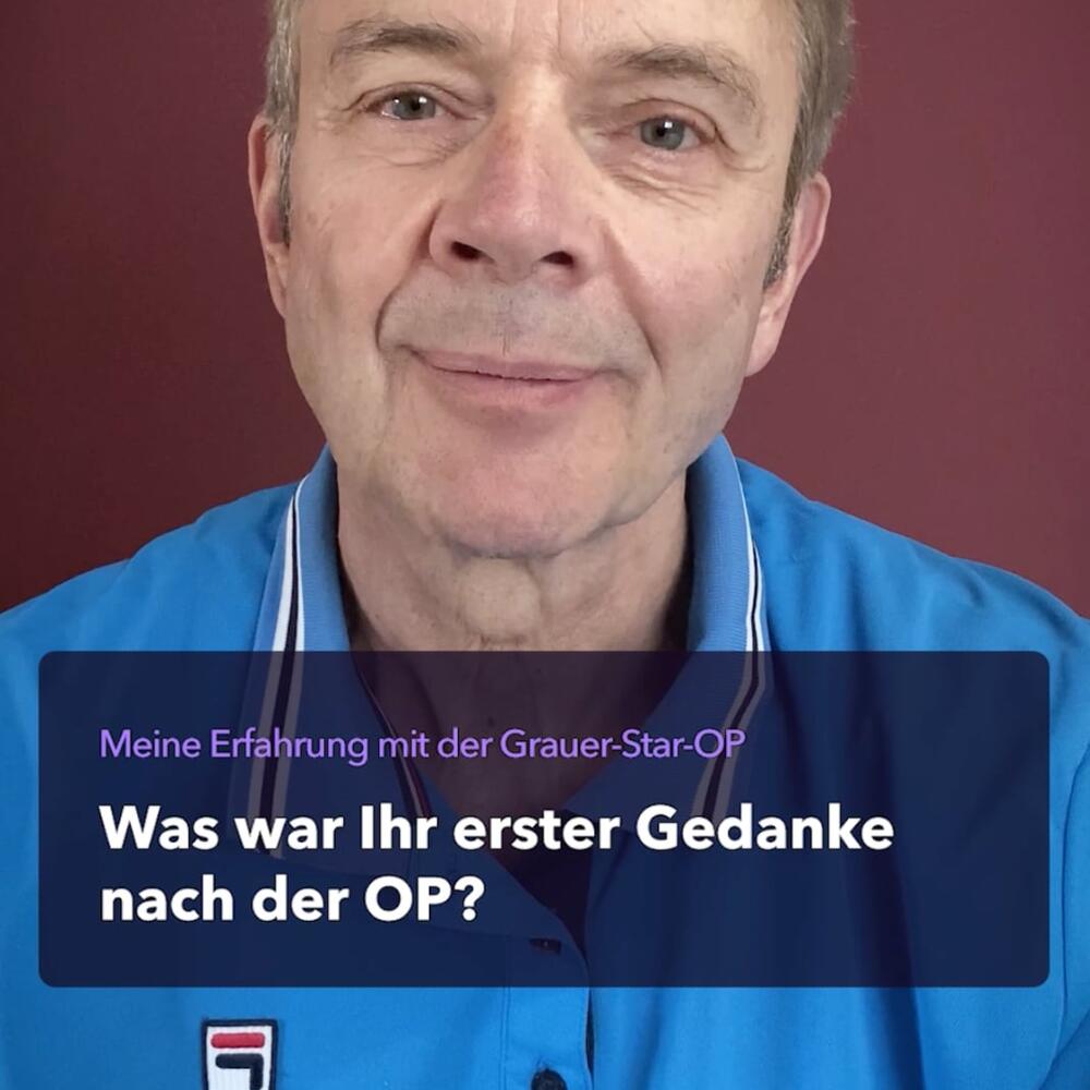 Patient nach Grauer-Star-OP und Text: Was war ihr erster Gedanke nach der OP?
