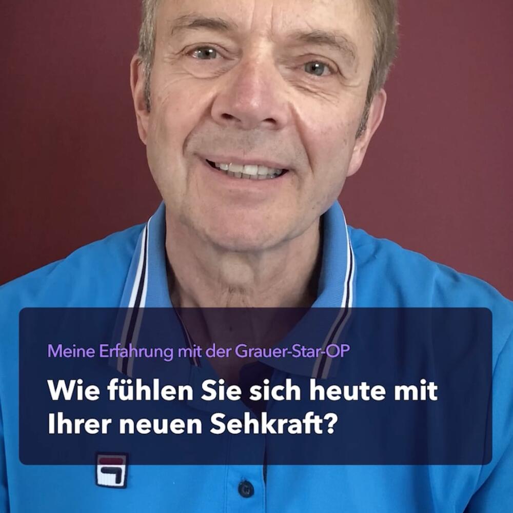 Patient nach Grauer-Star-OP und Text: Wie fühlen Sie sich heute mit Ihrer neuen Sehkraft?